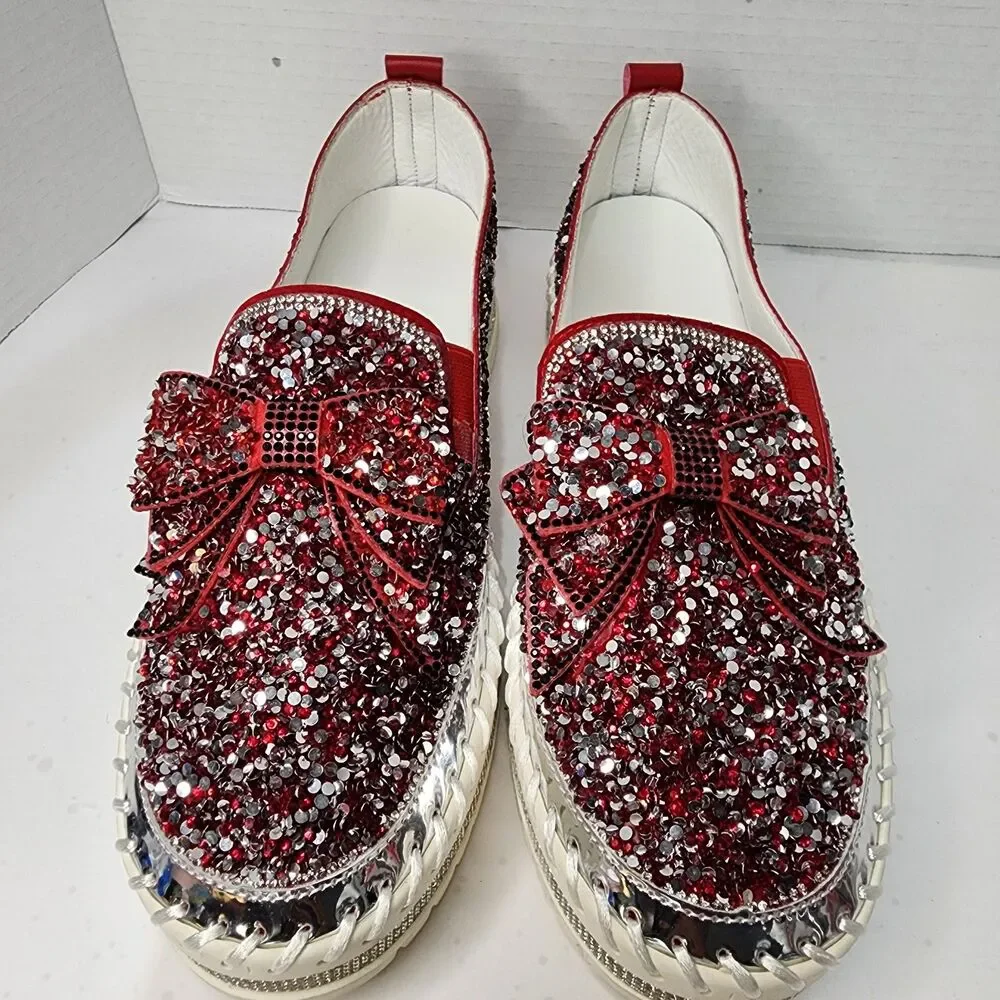 Red Womens Rhinestone Glitter Slip On Loafer Sneakers on White Platform Sz 10.5
